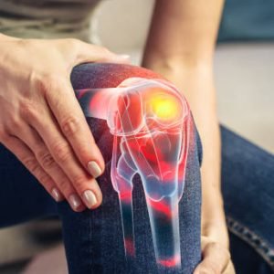 VFX Joint and Knee Pain Augmented Reality Render. Close Up of a Person Experiencing Discomfort in a Result of Leg Trauma or Arthritis. Massaging the Muscles to Ease the Injury.